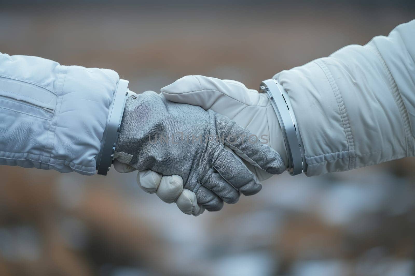 Handshake between two scientists in protective suits, collaboration and partnership in scientific research or hazardous environment