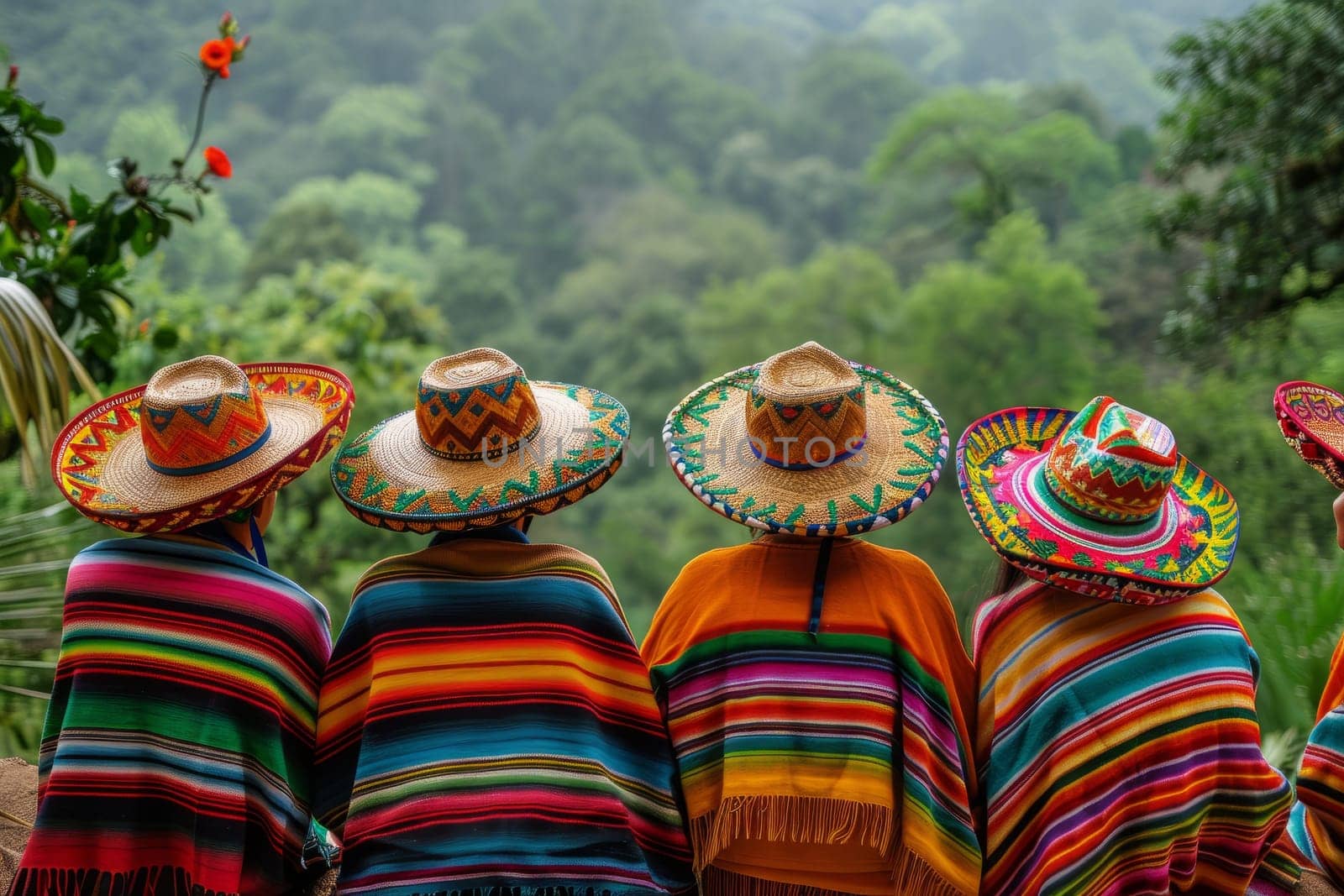 Mexican Culture, People Wearing Sombreros and Ponchos Overlooking Lush Green Landscape