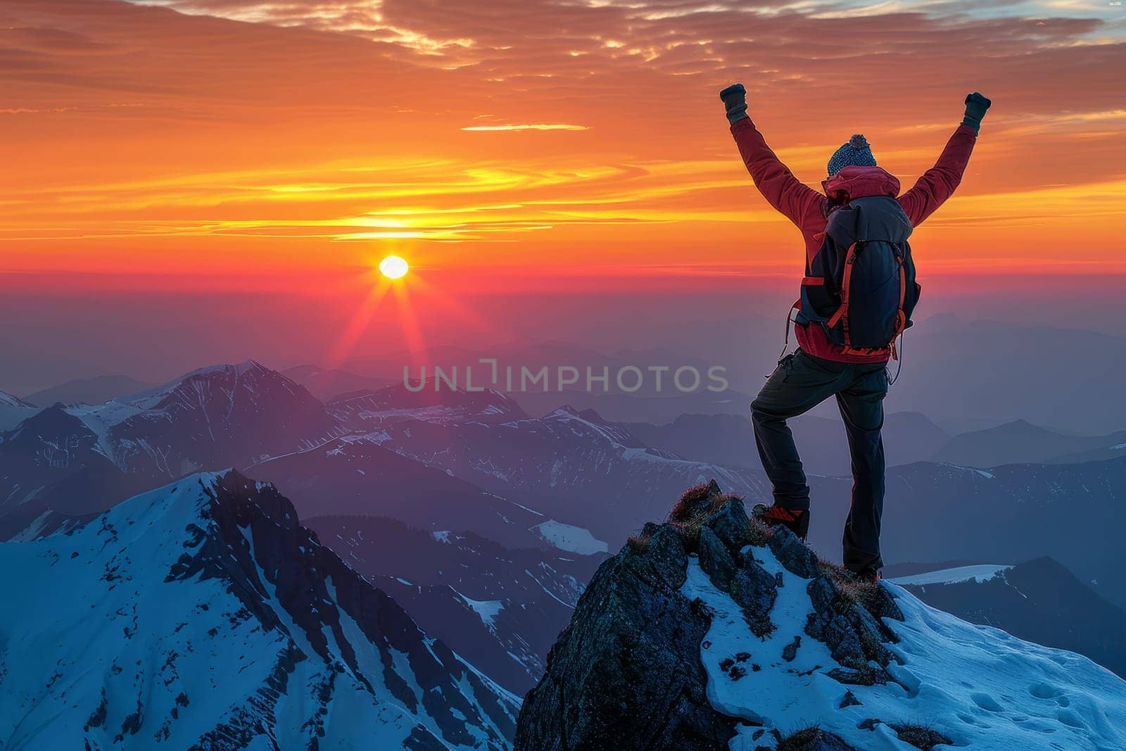 Adventurous Hiker Celebrating Mountain Peak Success at Vibrant Sunrise