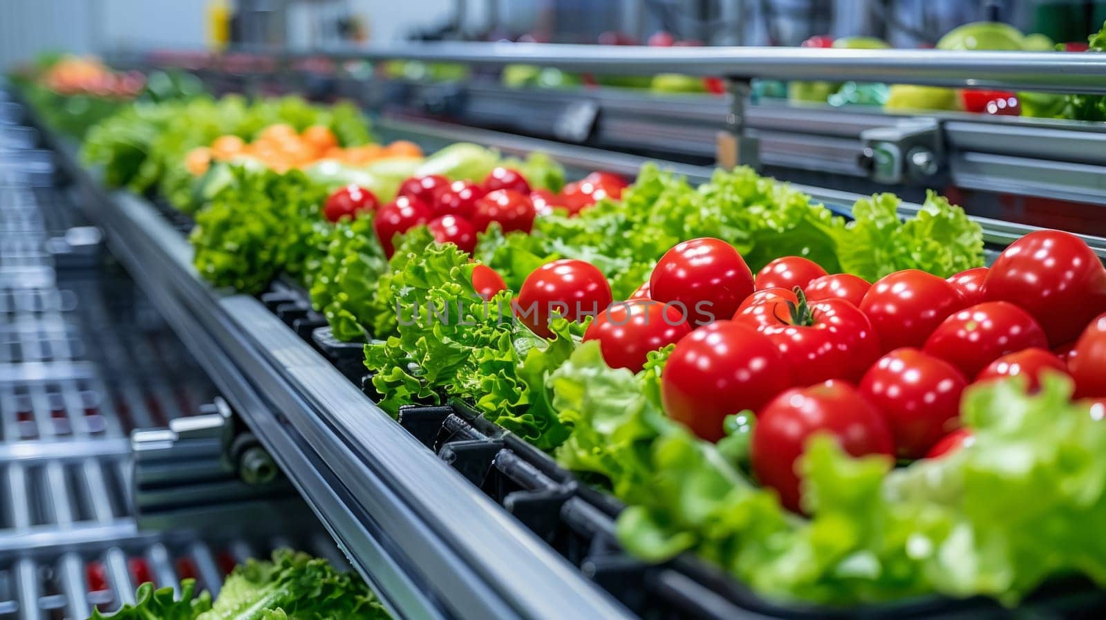 Fresh vegetables on conveyor belt in supermarket, tomatoes, lettuce, grocery shopping experience