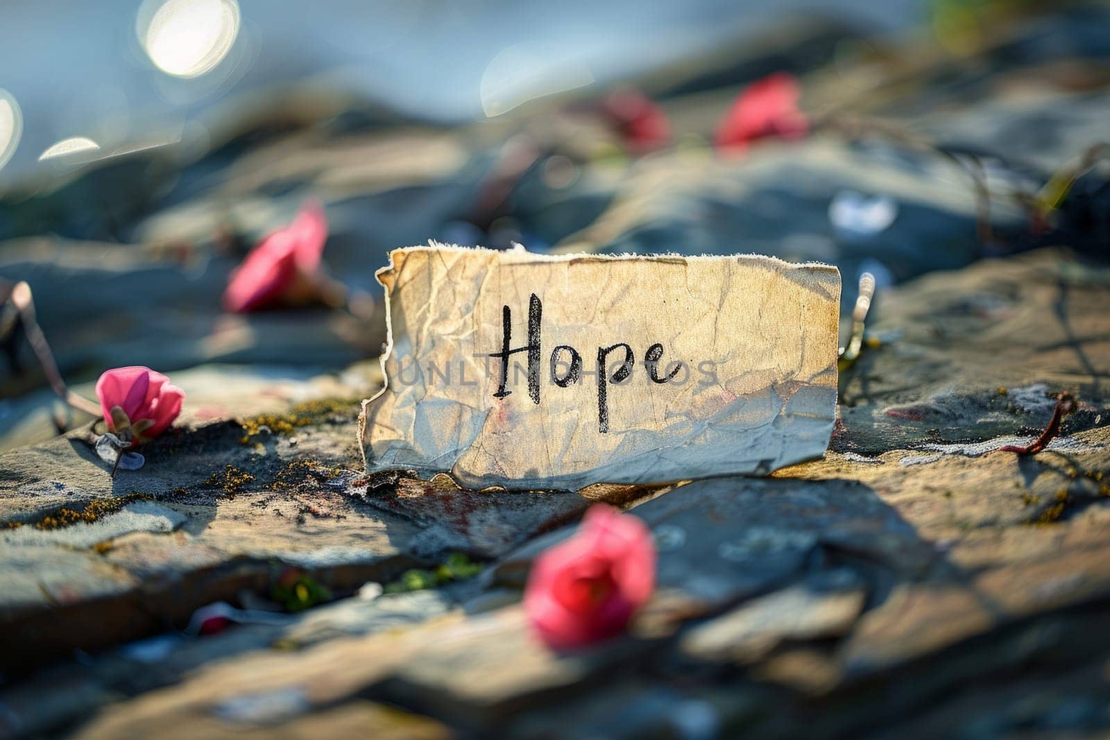 Hope inscription on stone amidst withered roses, symbolizing resilience and optimism in difficult times