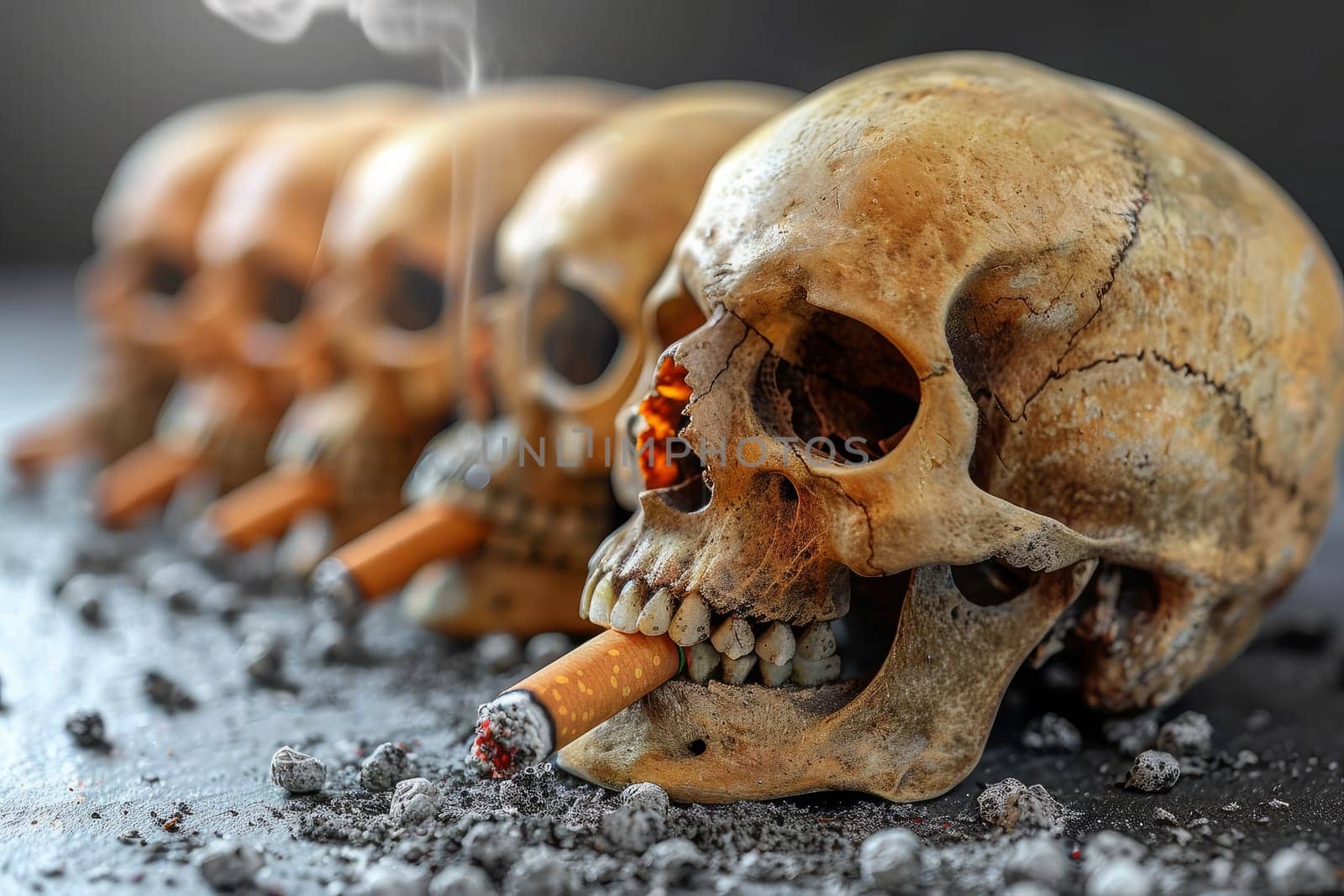 Haunting Still Life of Skulls and Cigarettes. A Grim Warning Against Smokings Deadly Effects. Artistic Vanitas Composition with Smoke and Ash.