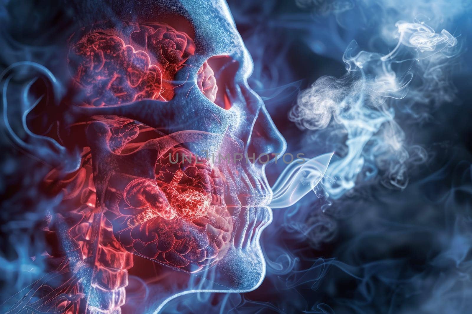 Anatomical illustration of human throat with smoke and fire effects, depicting respiratory system and potential health risks from smoking or pollution