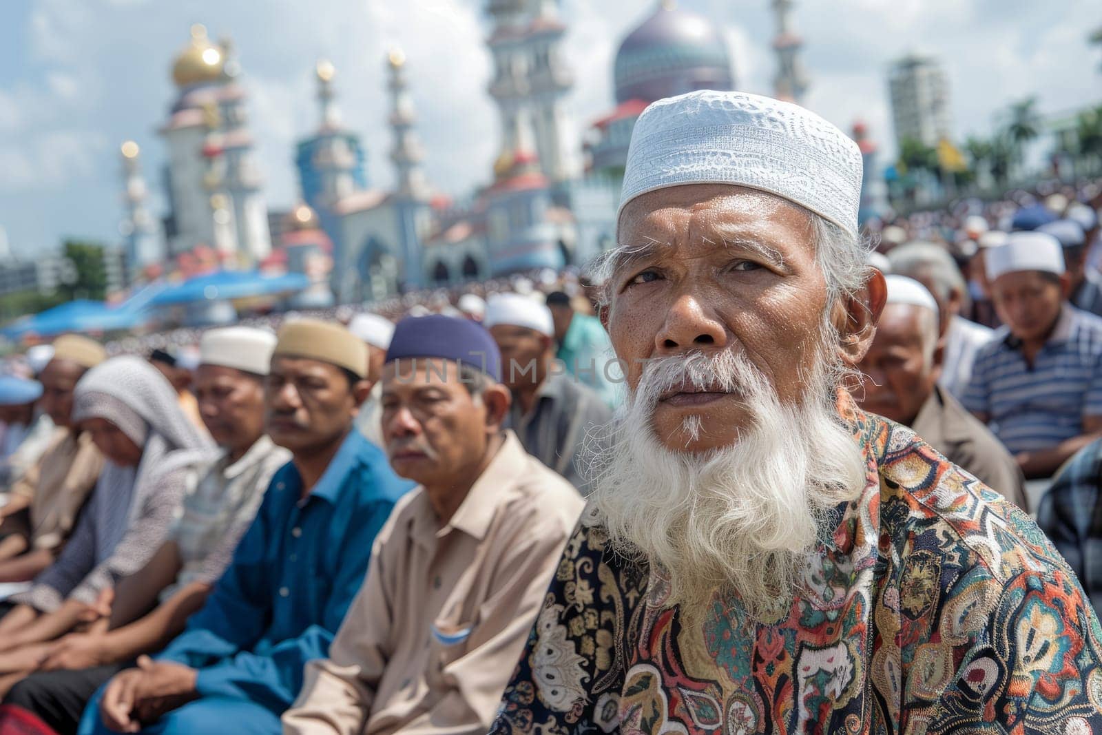 Elderly Muslim Man at Mosque During Eid Celebration