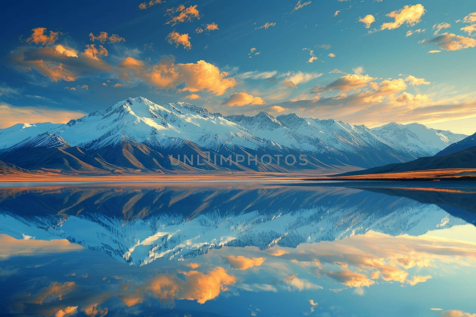 Serene Lake Reflecting Majestic Snow Capped Mountains at Sunset