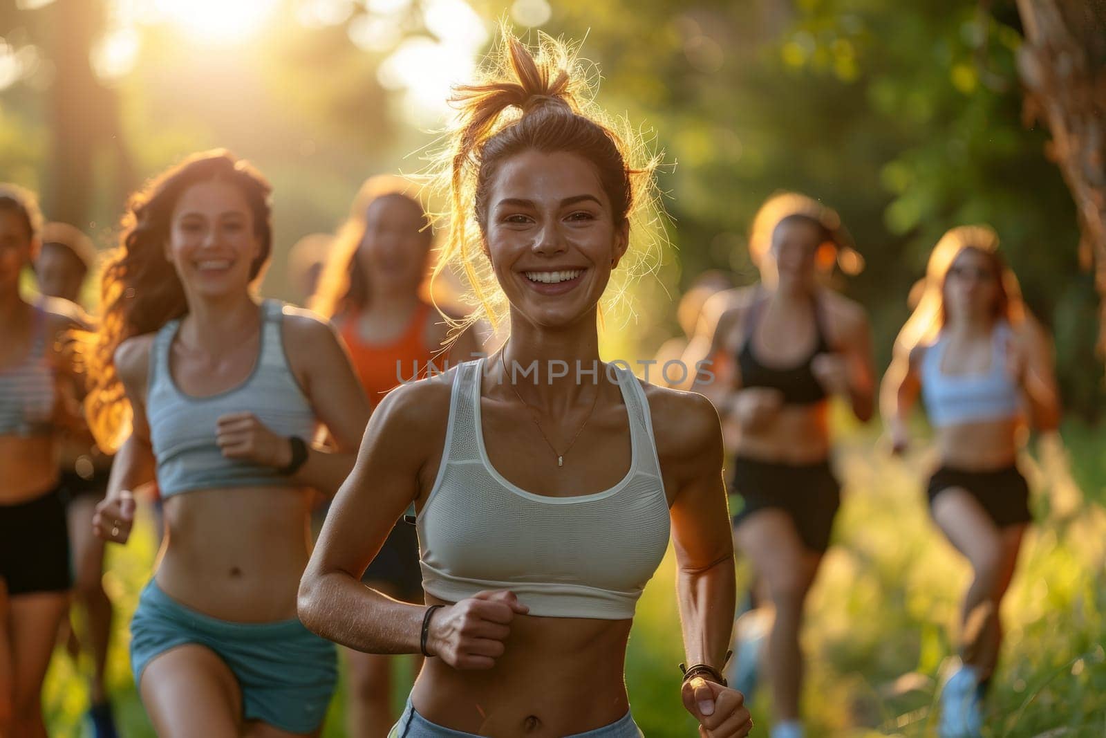Group of Young Women Running Together Outdoors in Nature at Sunset. Fitness, Friends, and Fun