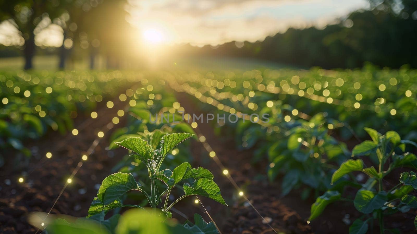 Rows of illuminated potato plants growing in a sustainable farm field at sunset. Concept of agriculture, technology, and innovation