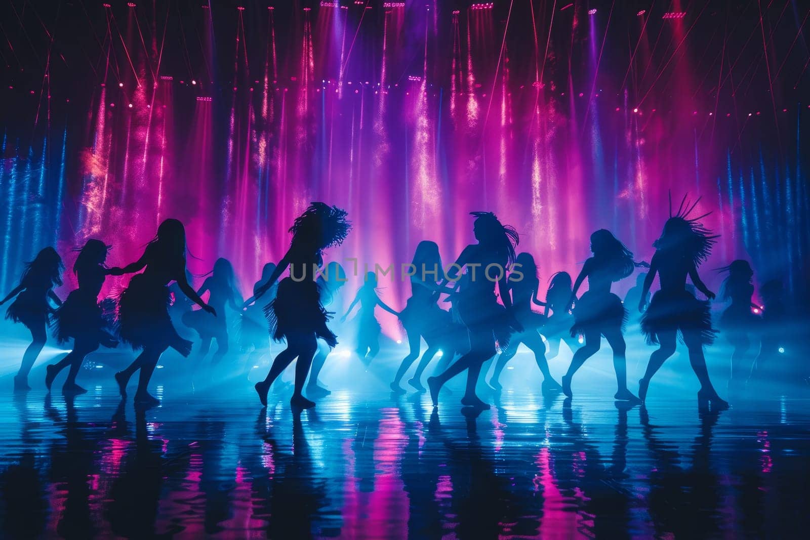 Energetic neon dance performance with silhouettes of dancers on stage with colorful lights and reflections. Concept of music, entertainment, and vibrant nightlife