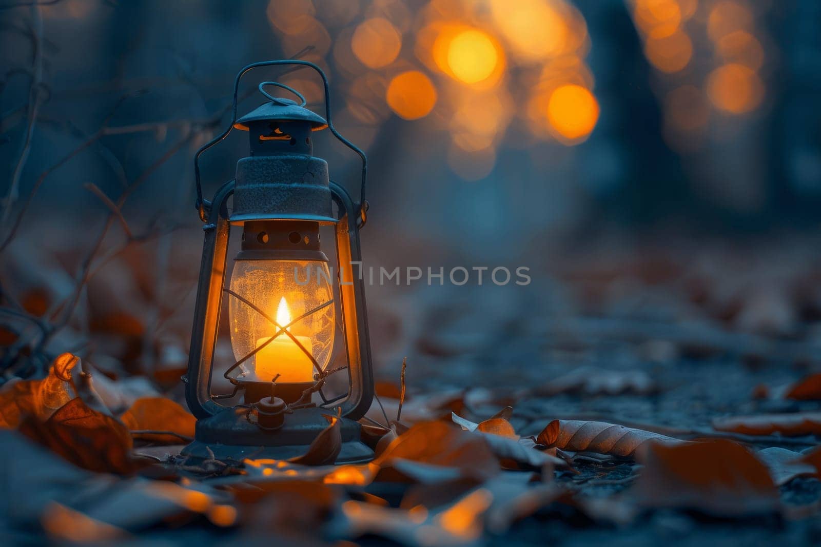 Vintage oil lantern glowing in autumn forest, cozy warm light in nature scenery with fallen leaves and bokeh background. Concept of camping, hiking, adventure, tranquility, and seasonal change by ailike