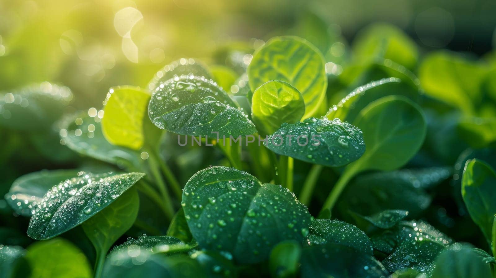 Fresh dewy green leaves with water droplets
