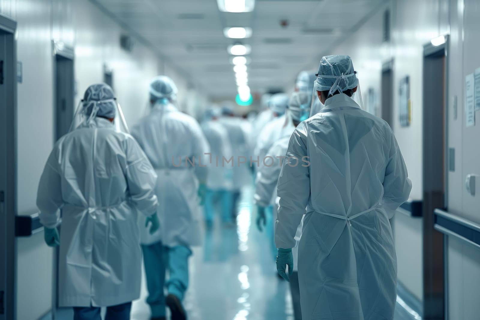 Healthcare workers in protective gear walking hospital corridor during pandemic