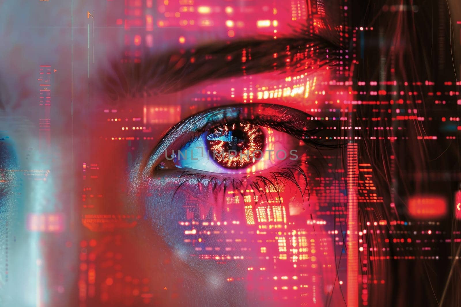 Close up of Womans Eye with Futuristic Digital Overlay, Representing Technology, Vision, and the Future by ailike