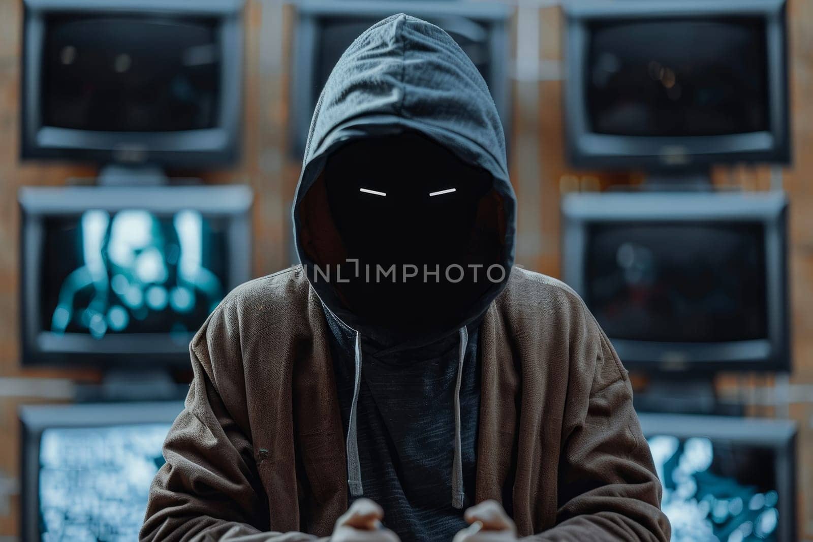Hooded Hacker with Glowing Eyes. Hacking, Surveillance, and Cybercrime