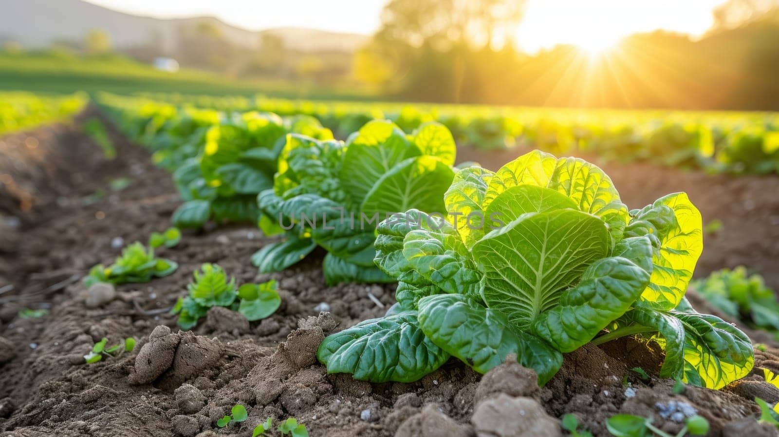 Green lettuce plants growing in field at sunset, concept of organic farming, agriculture and healthy eating by ailike