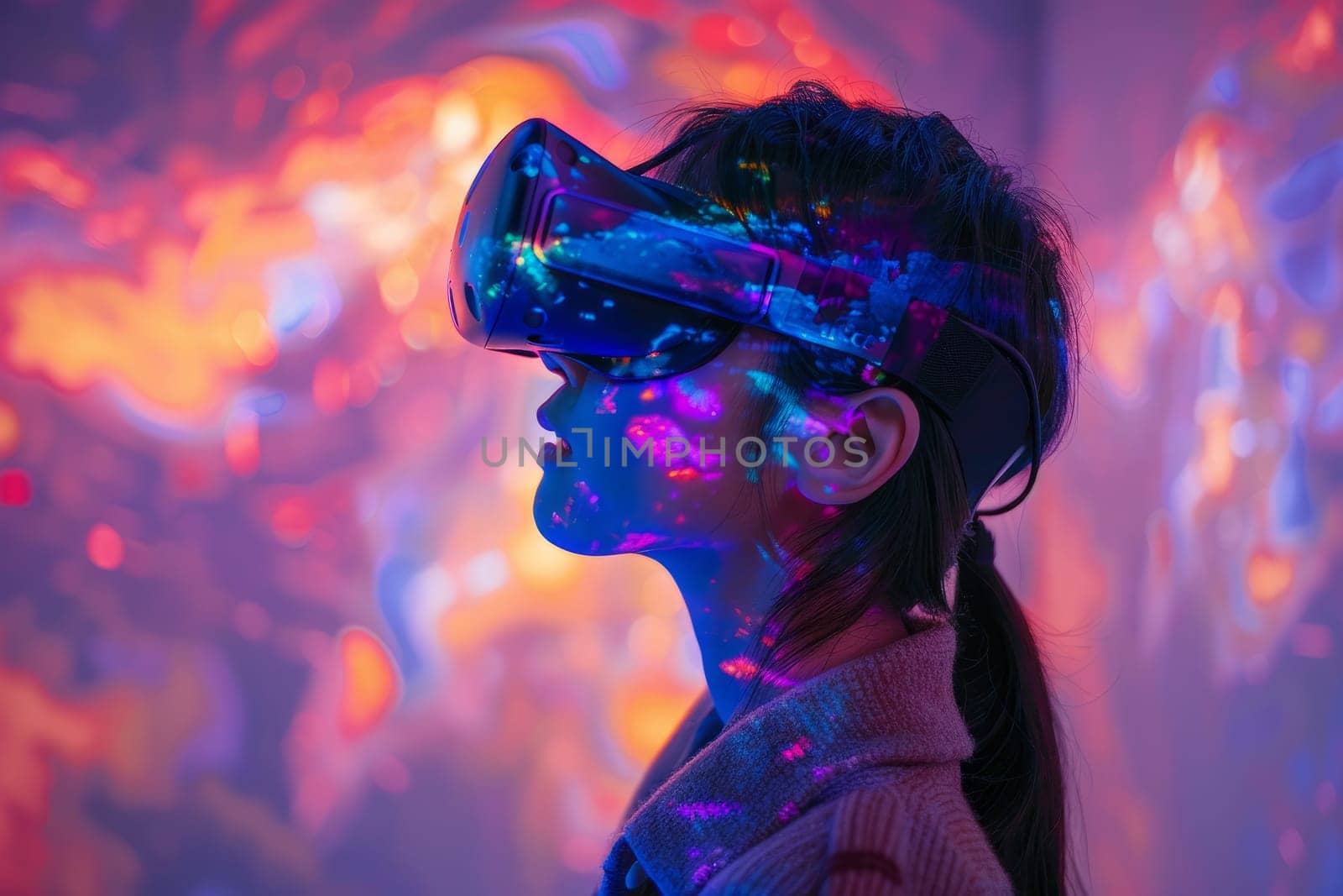 Young Woman Immersed in Virtual Reality Metaverse Experience by ailike