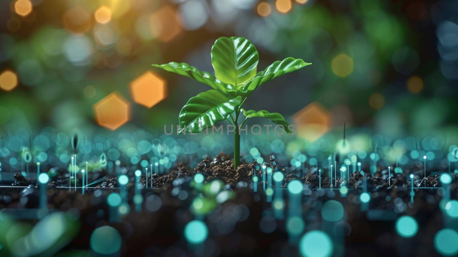 Seedling Growing in Futuristic Digital Environment, A Symbol of Sustainable Agriculture and Technological Innovation by ailike