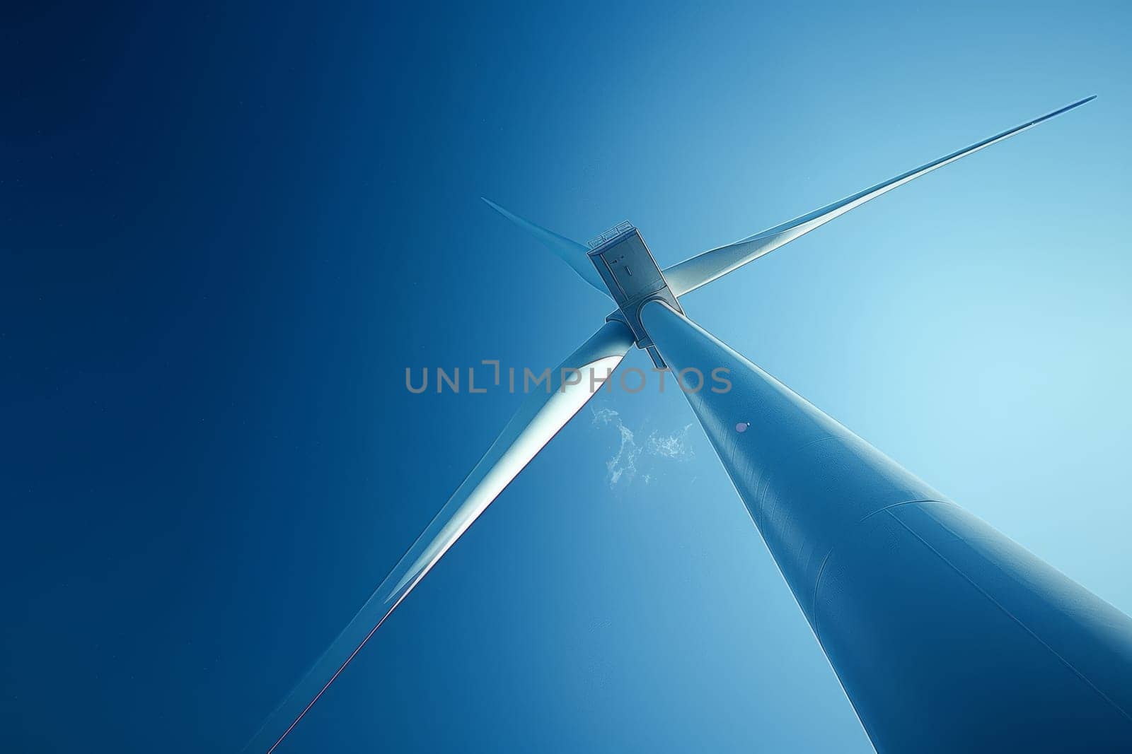 Low angle view of wind turbine against blue sky. Renewable energy, sustainability and power generation concept by ailike