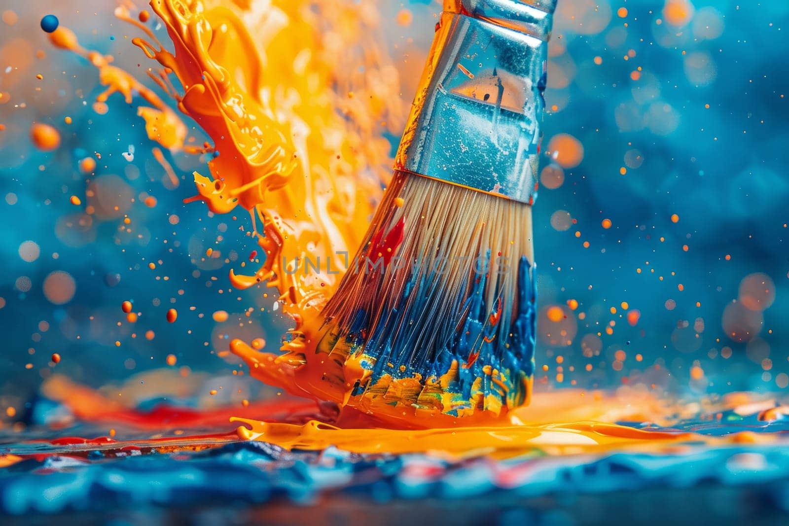 Paintbrush with Orange and Blue Paint Splashing on Canvas, Creating Abstract Art with Vibrant Colors by ailike