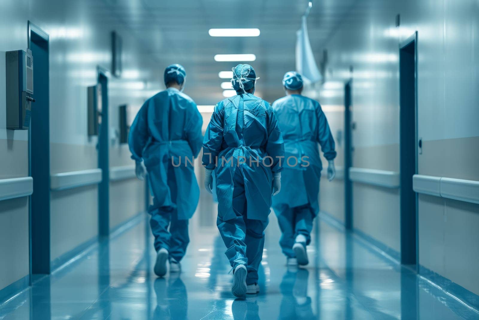 Surgical team walking in hospital corridor, medical professionals in scrubs, healthcare workers, emergency preparedness