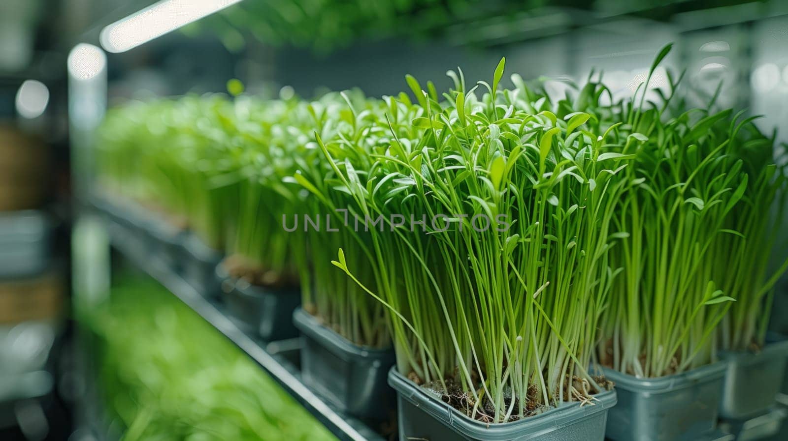 Microgreens Growing in Indoor Vertical Farm or Greenhouse. Sustainable Agriculture and Healthy Eating