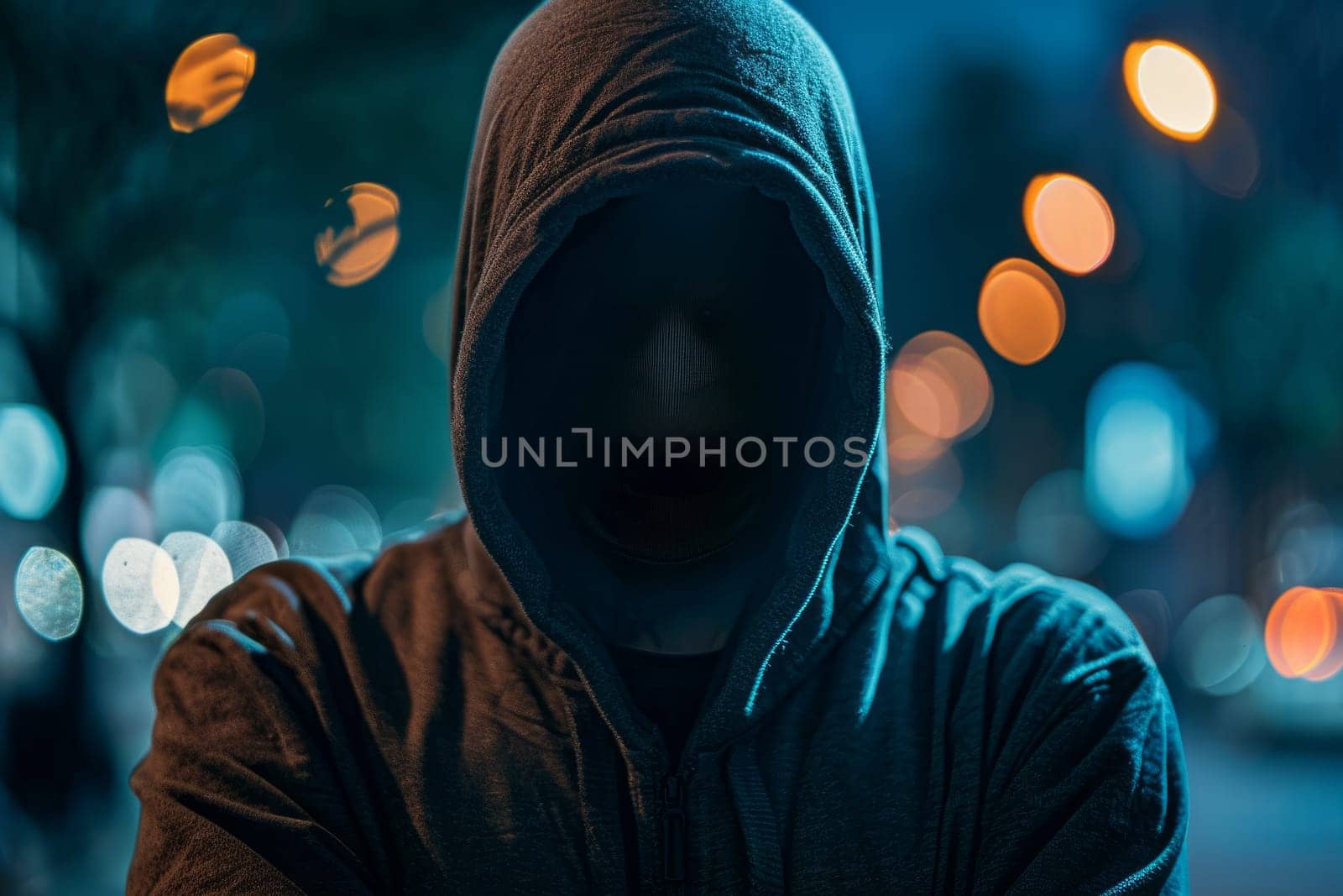 Hooded figure in dim city lights, anonymous criminal or urban explorer. Concept of danger, mystery and night life by ailike