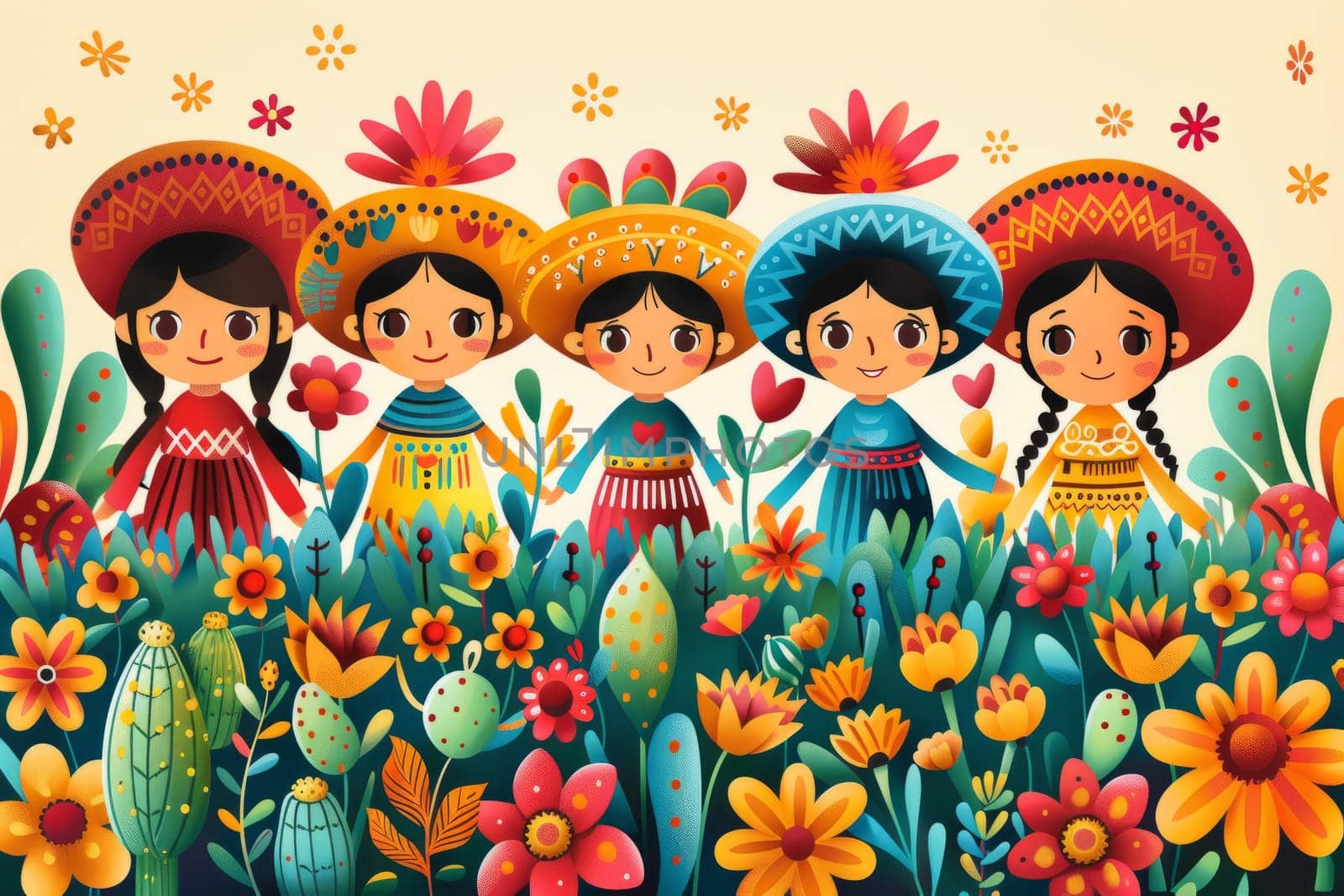 Mexican Girls Holding Hands in Traditional Dresses with Flowers and Cacti