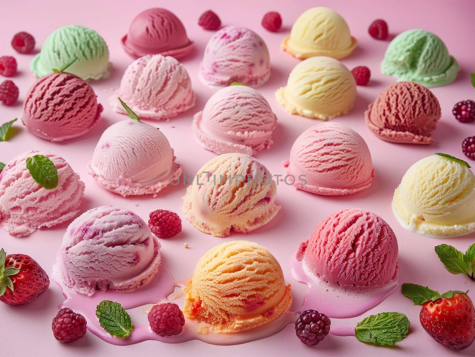 Assorted ice cream scoops with fresh berries