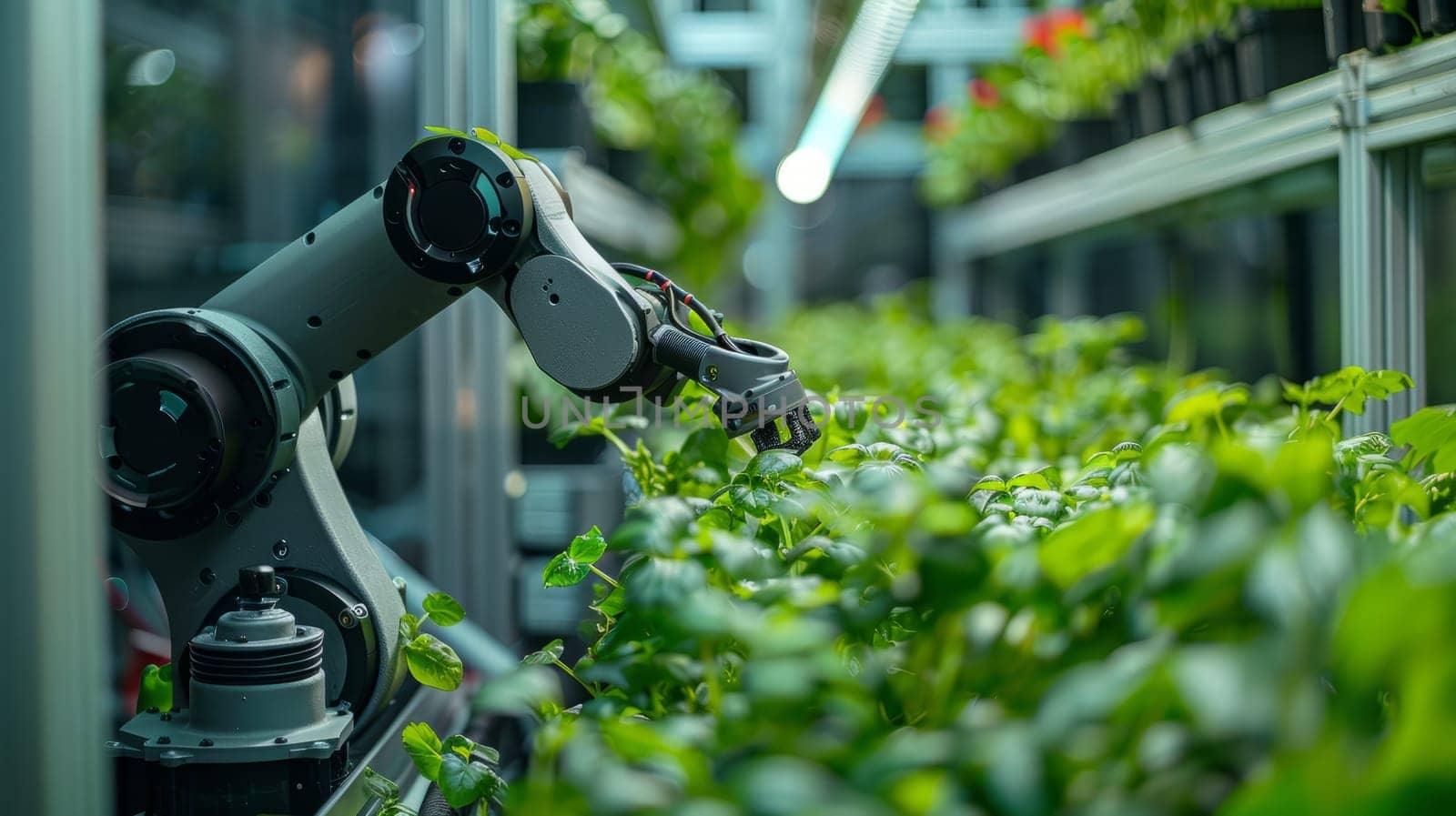 Close-up of robotic arm working in a greenhouse. Modern technology.