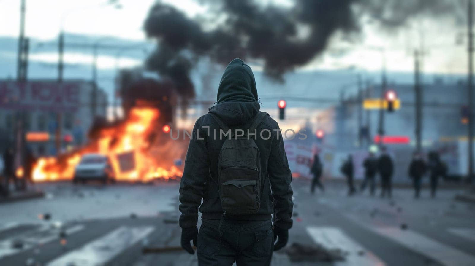 Lone observer stands before fiery street protest, capturing unrest, conflict, and turmoil in urban setting