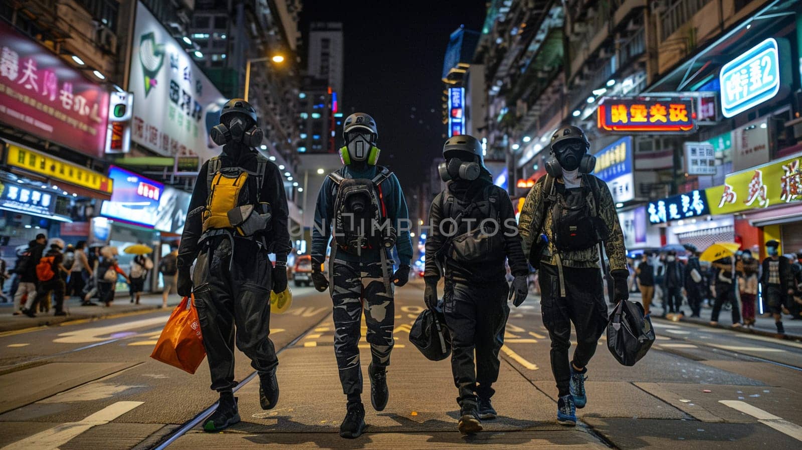 Protesters march urban chaos, night demonstration, city unrest concept by Yevhen89