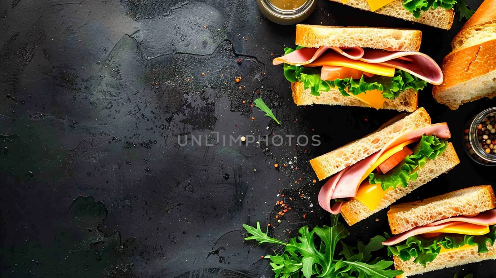 Tasty ham and cheese sandwiches showcased beautifully on dark, textured surface with scattered spices and greens.