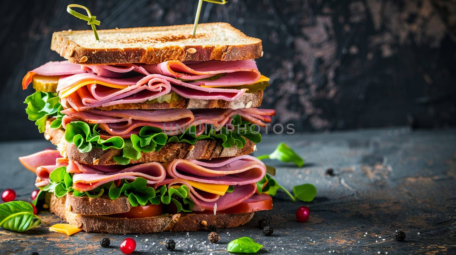 Delicious towering ham and cheese sandwich on rustic dark background, ready to enjoy