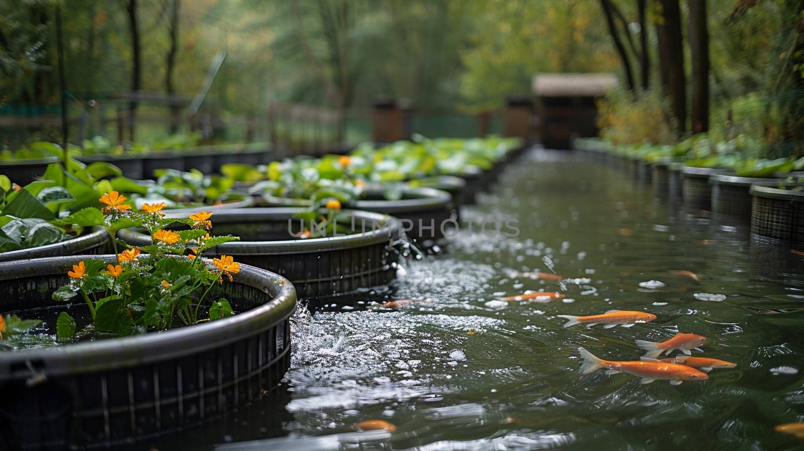 Tranquil koi pond reflects nature's beauty amid lush plants and blooms