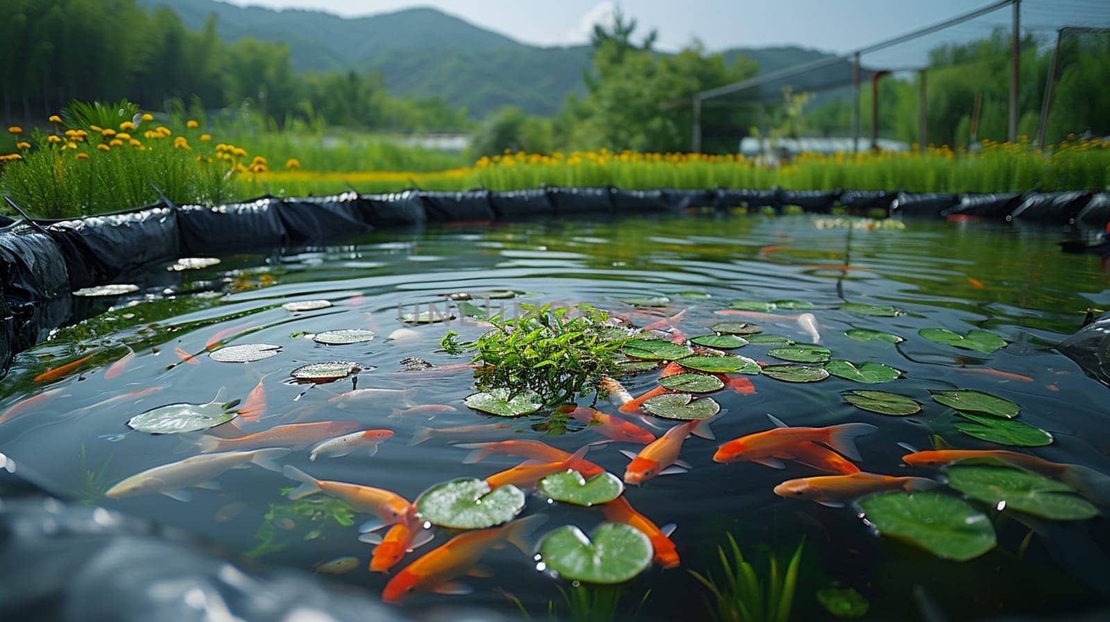 Colorful koi fish glide under water amidst floating lily pads with sunlit flowers in background