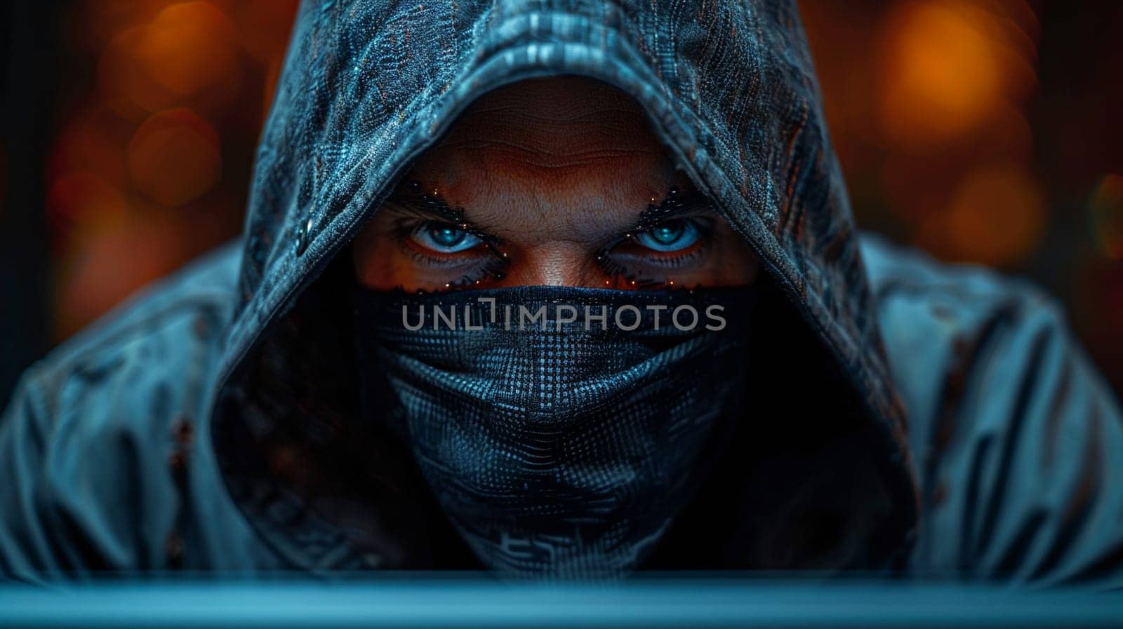 Intense portrait of enigmatic cyber criminal as hacker penetrates security, features glaring blue eyes and digital mask in shadowy setting