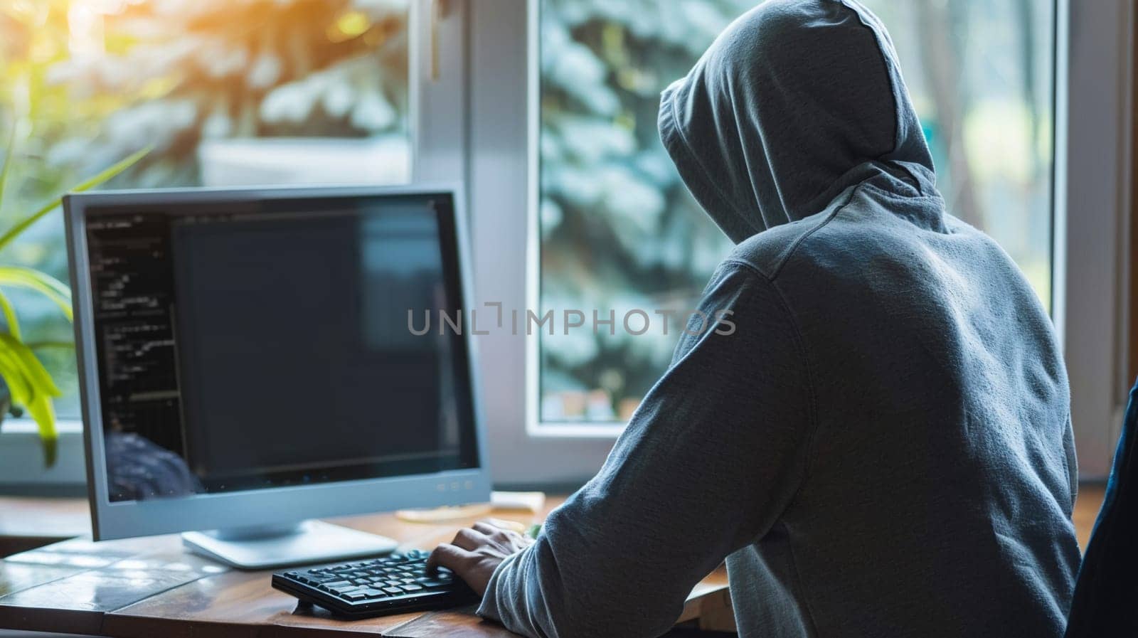 Hooded figure engages in cyber crime seated before computer screen in dark, secretive indoor environment