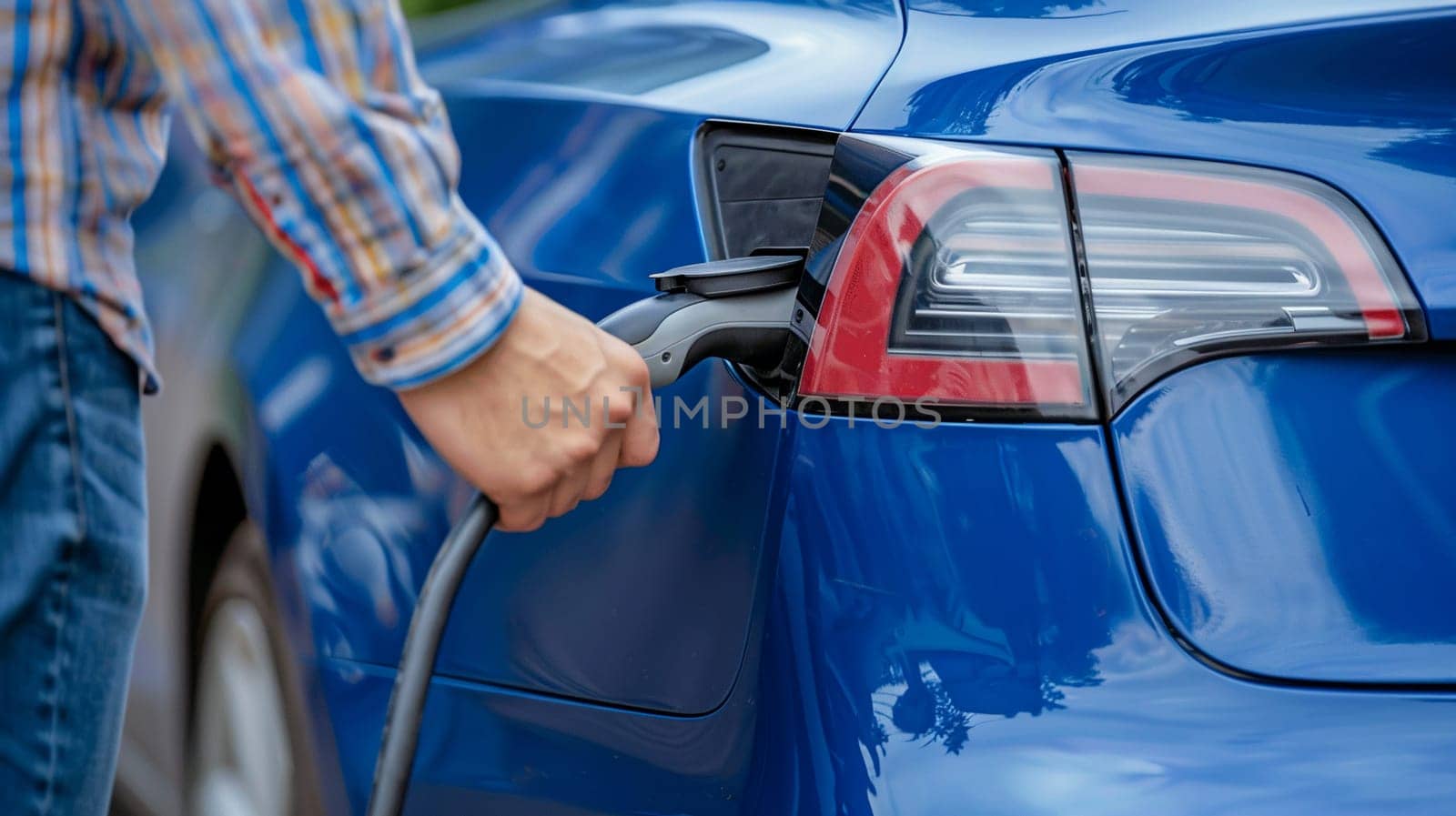 Electric vehicle recharging concept highlighted by man hand plugging in charger cable in closeup