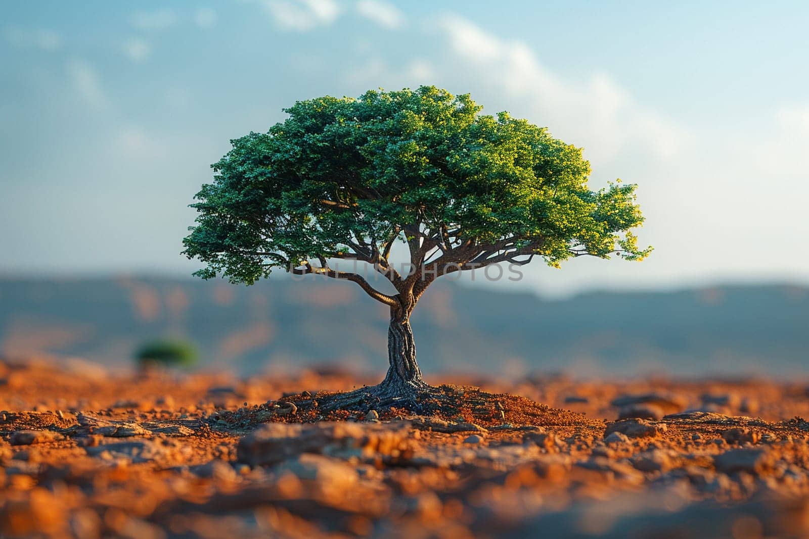 Vibrant green tree flourishing in barren desert environment, representing reforestation, survival, and nature's resilience