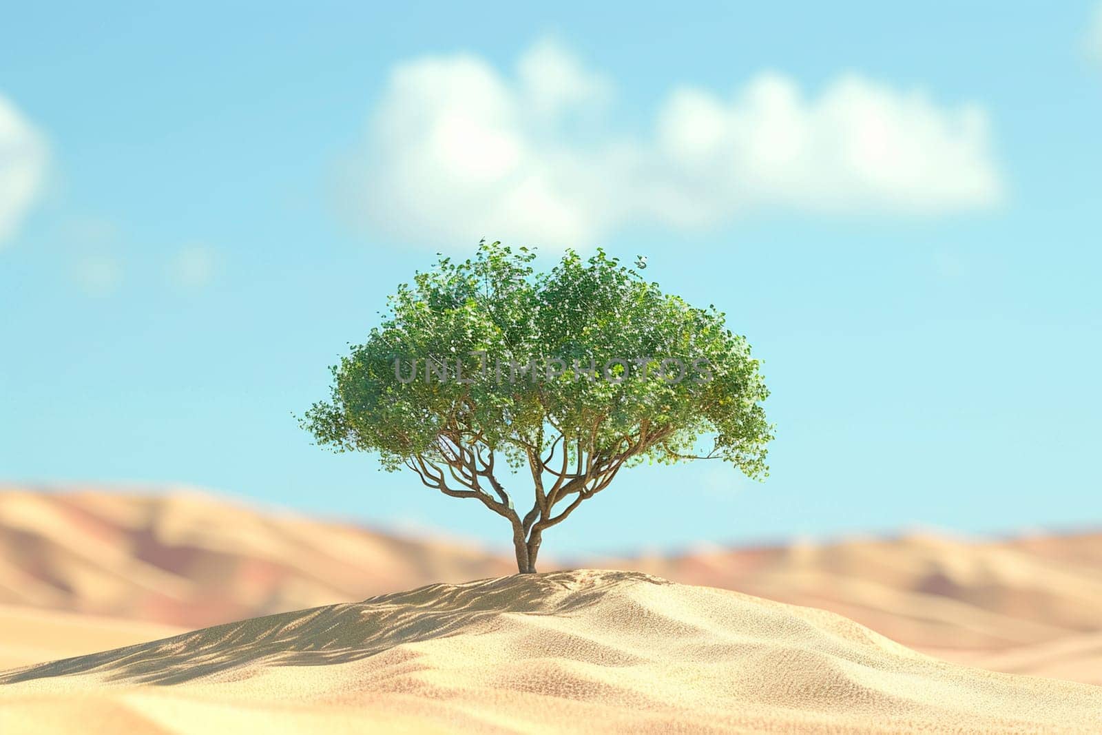 Green tree stands alone in desert landscape, vividly representing reforestation, environmental recovery, sustainability and resilience