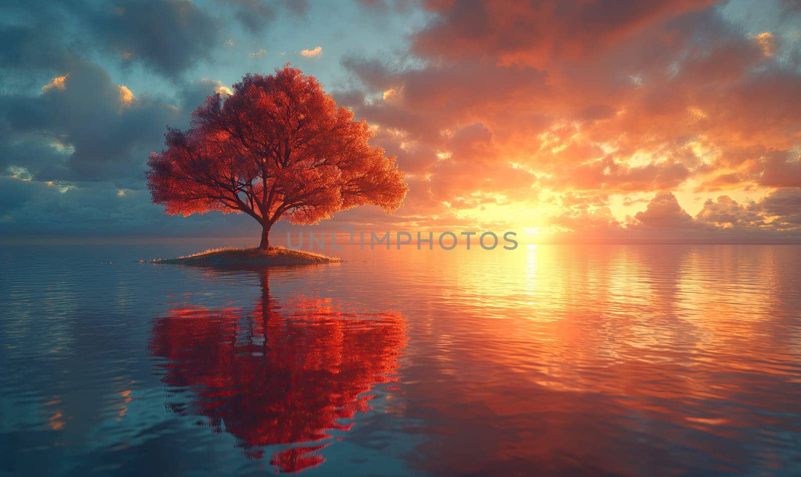Lonely tree in the lake at sunrise. Selective soft focus.
