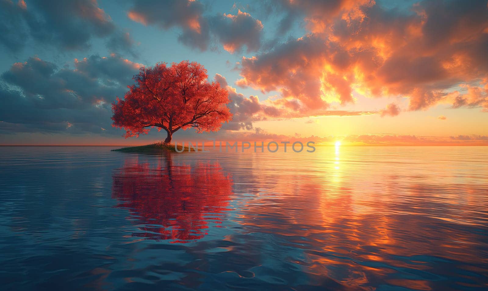 Lonely tree in the lake at sunrise. Selective soft focus.