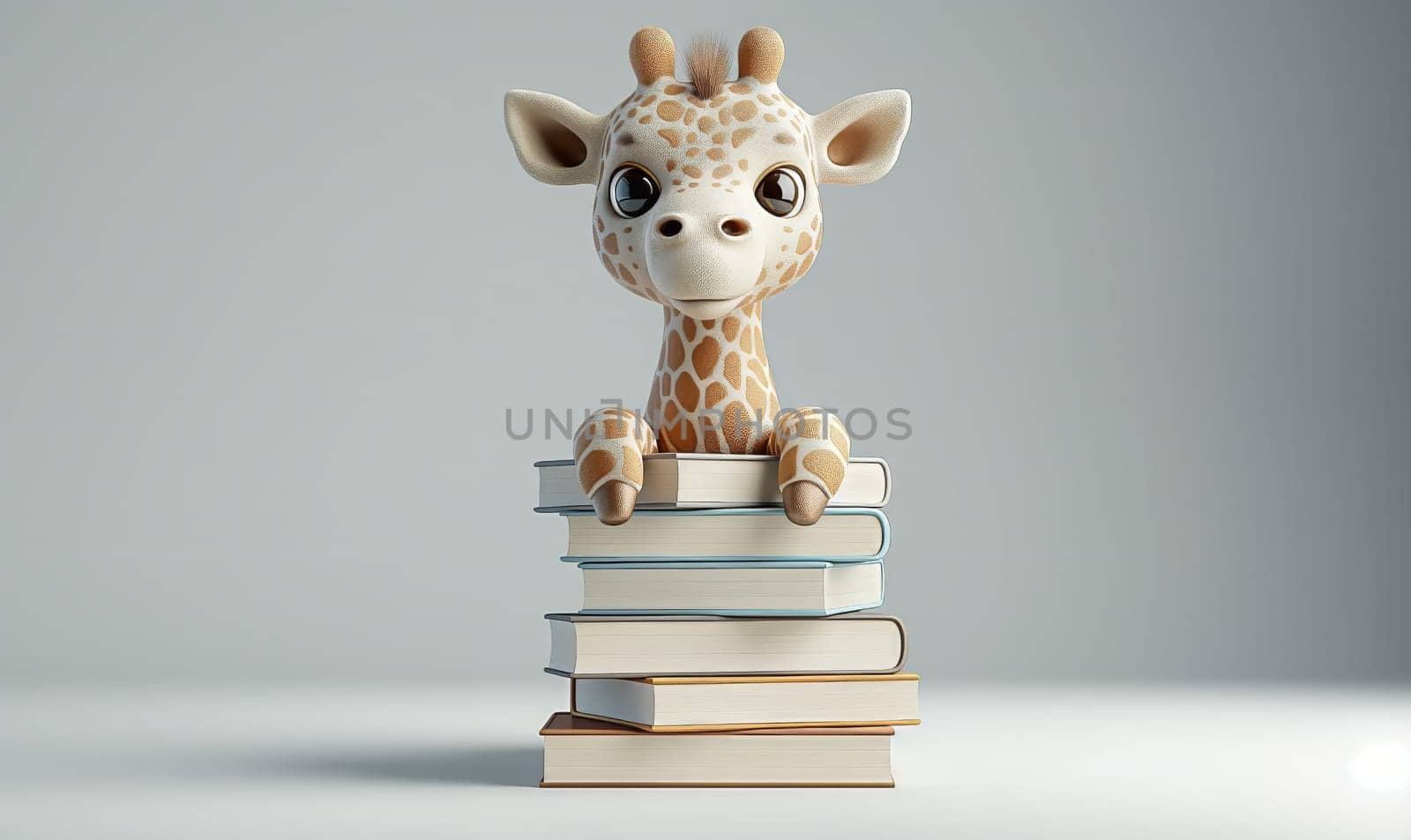 3D illustration of a giraffe with books. Selective soft focus.