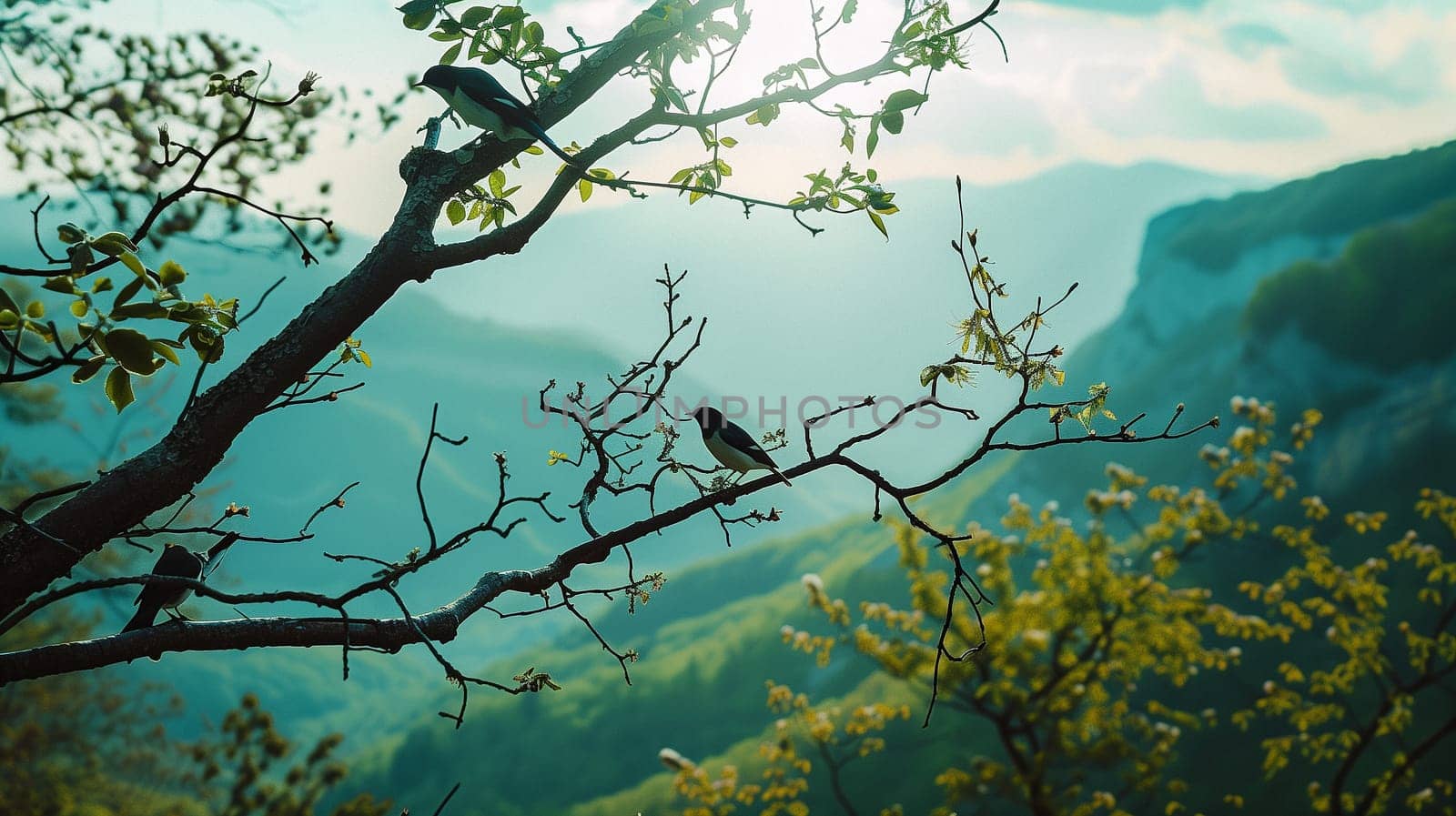 Birds are sitting on the branches of trees. Mountain landscape by NeuroSky