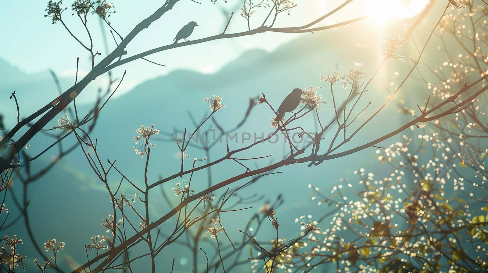 Birds are sitting on the branches of trees. Mountain landscape. High quality photo