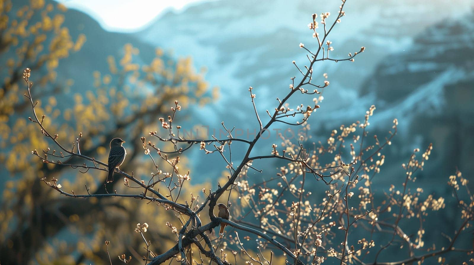 Birds are sitting on the branches of trees. Mountain landscape. High quality photo