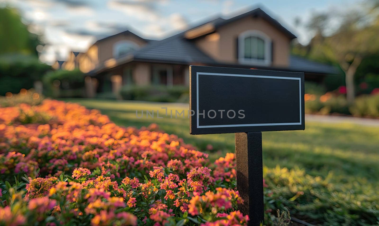 Selling a house with a for sale sign. Selective soft focus.