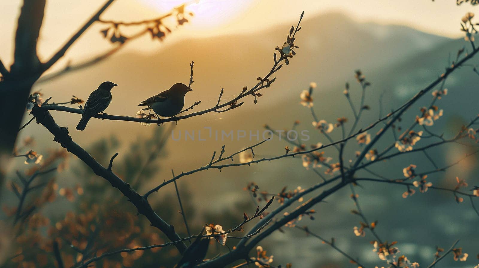 Birds are sitting on the branches of trees. Mountain landscape by NeuroSky