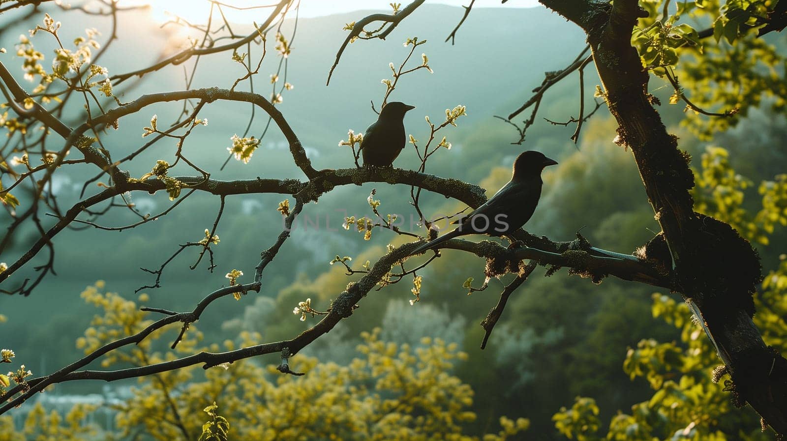 Birds are sitting on the branches of trees. Mountain landscape by NeuroSky