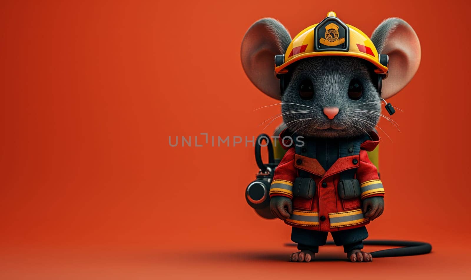 Illustration, mouse fireman on a colored background. Selective soft focus.