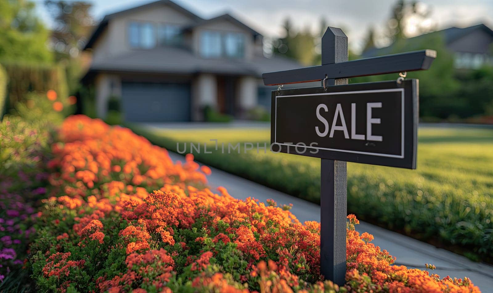 Selling a house with a for sale sign. Selective soft focus.